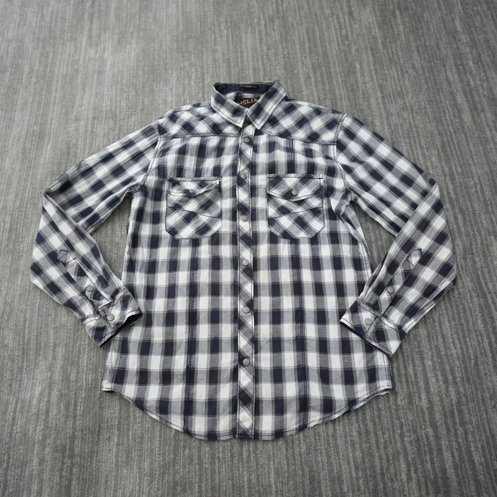Helix Shirt‎ Men Button Up Pearl Snap Plaid Black White Long Sleeve Athletic M